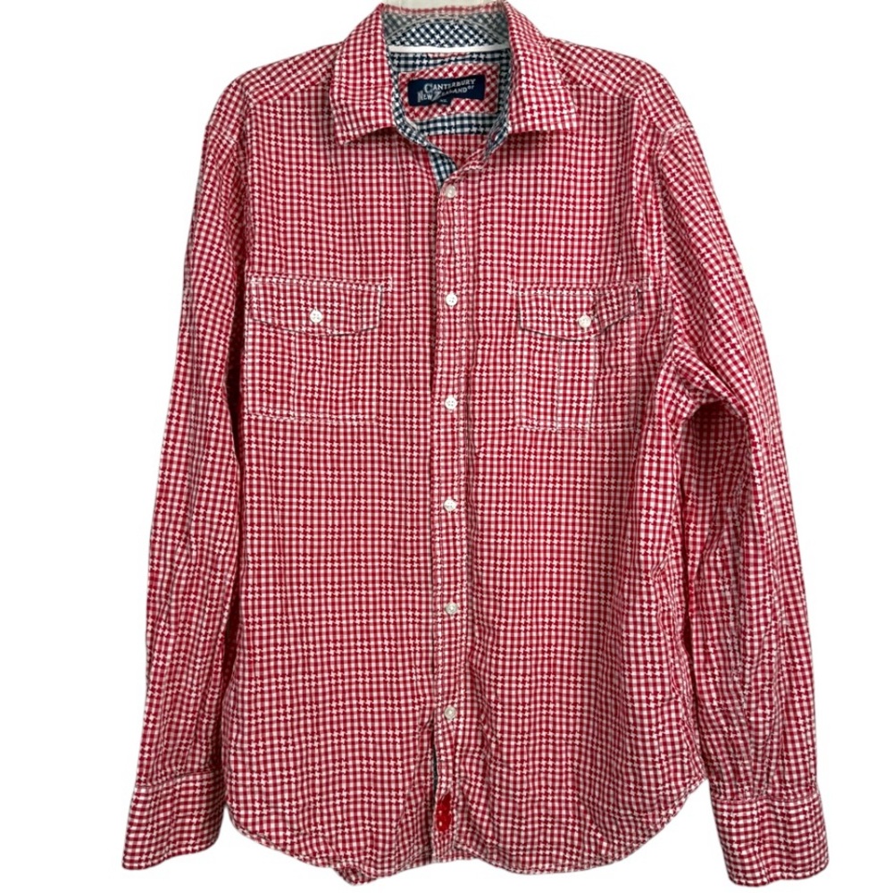 Canterbury of New Zealand red & Navy Blue Searsucker Button Down Shirt Size XL